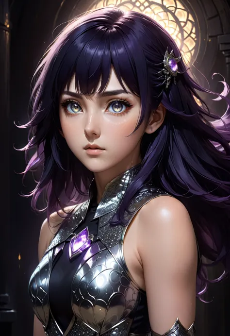 a woman (hyuuga hinata) with roxo hair and luminous eyes(empty eyes)  looks at the camera, 
ruanyi0801,revealing clothes,jewelry...