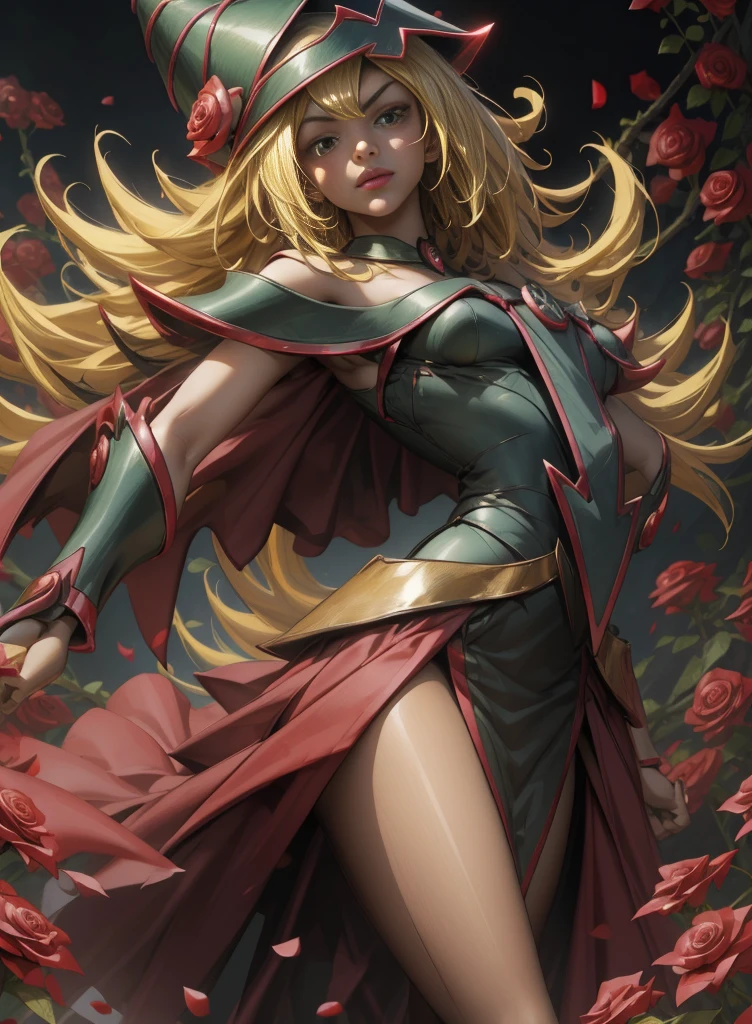 Beautiful dark magician gils. Young man with long blonde hair. green eyes. small lips. She is in a garden of red roses.. Red roses surround her. pose and innocent. red roses background.