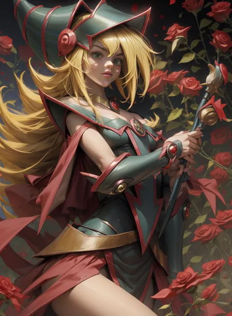 beautiful dark magician gils. young man with long blonde hair. green eyes. small lips. she is in a garden of red roses.. red ros...