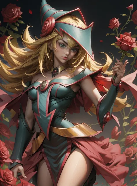 beautiful dark magician gils. young man with long blonde hair. green eyes. small lips. she is in a garden of red roses.. red ros...