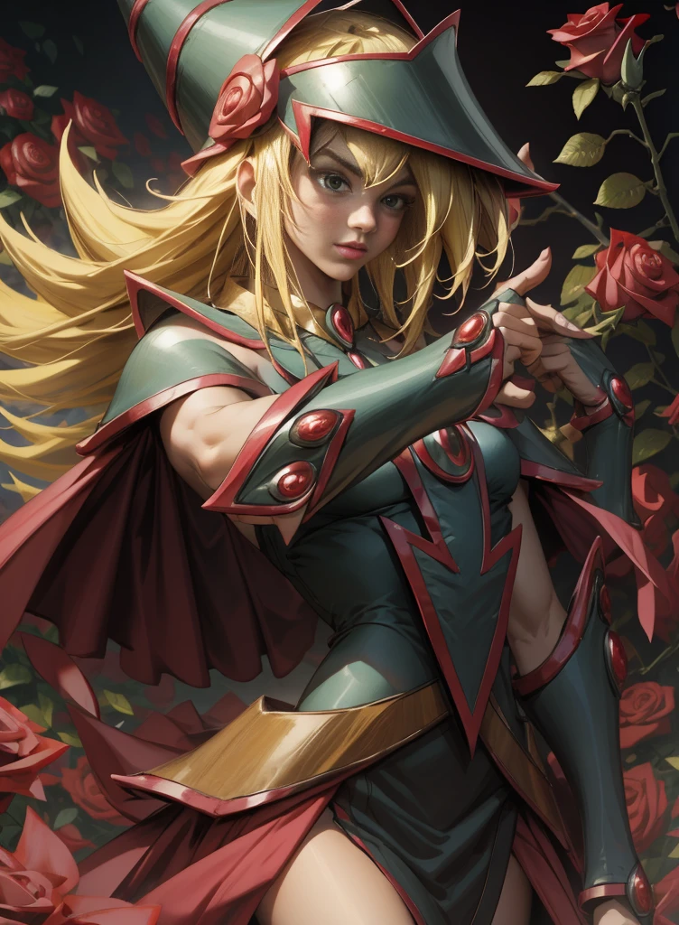 Beautiful dark magician gils. Young man with long blonde hair. green eyes. small lips. She is in a garden of red roses.. Red roses surround her. pose and innocent. red roses background.