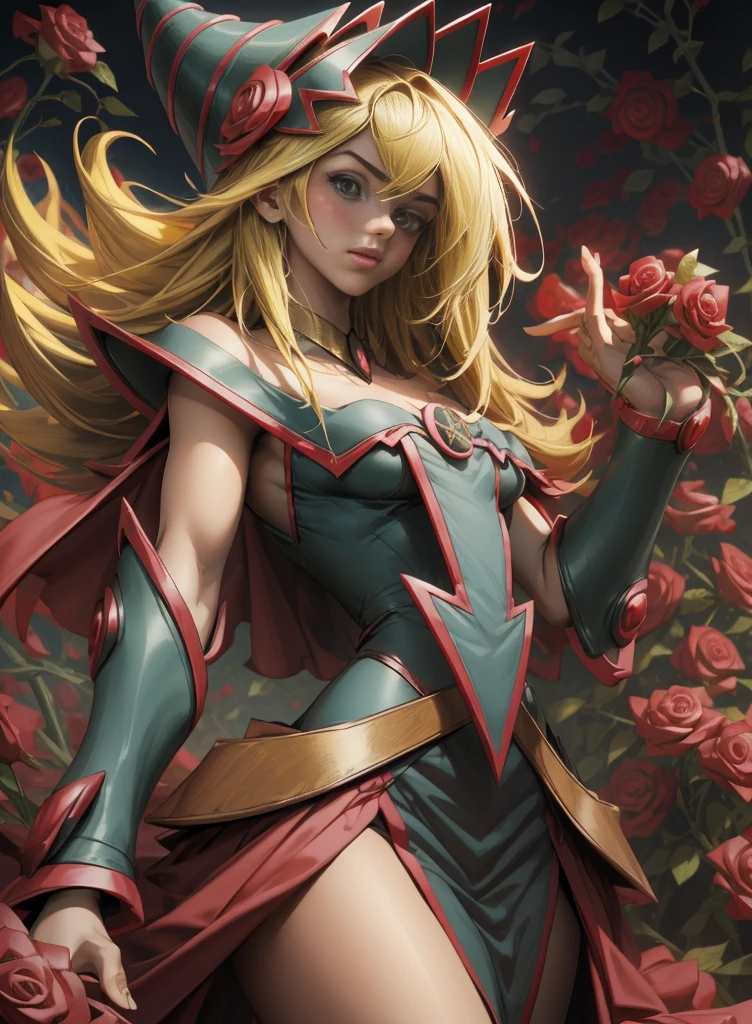 Beautiful dark magician gils. Young man with long blonde hair. green eyes. small lips. She is in a garden of red roses.. Red roses surround her. pose and innocent. red roses background.