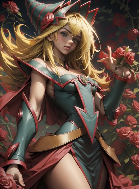 beautiful dark magician gils. young man with long blonde hair. green eyes. small lips. she is in a garden of red roses.. red ros...