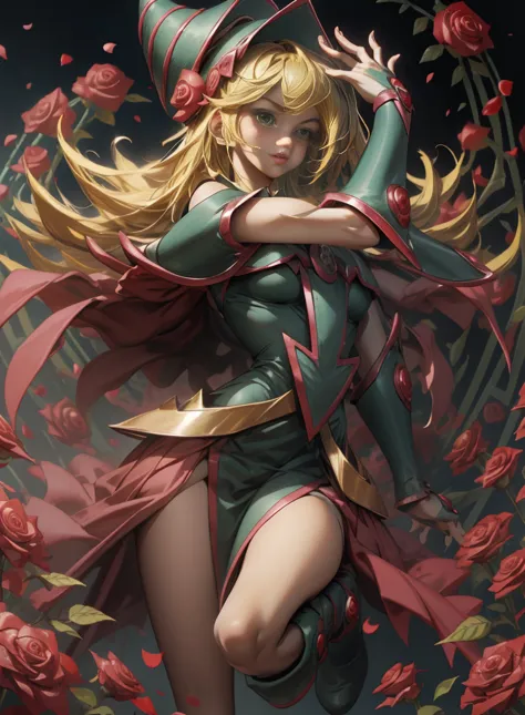 beautiful dark magician gils. young man with long blonde hair. green eyes. small lips. she is in a garden of red roses.. red ros...