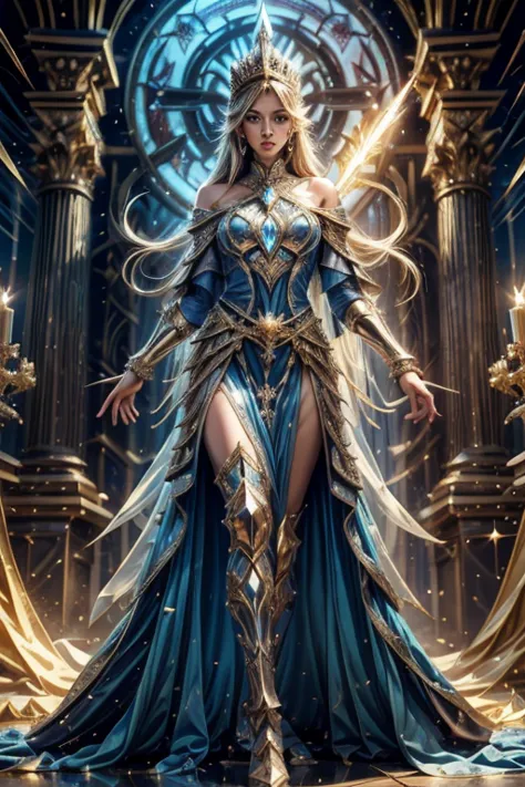 salvador、messianic beautiful woman、fantasiato、beautiful and aesthetic、colorful gemstones studded、blue and golden dress、armor、tia...