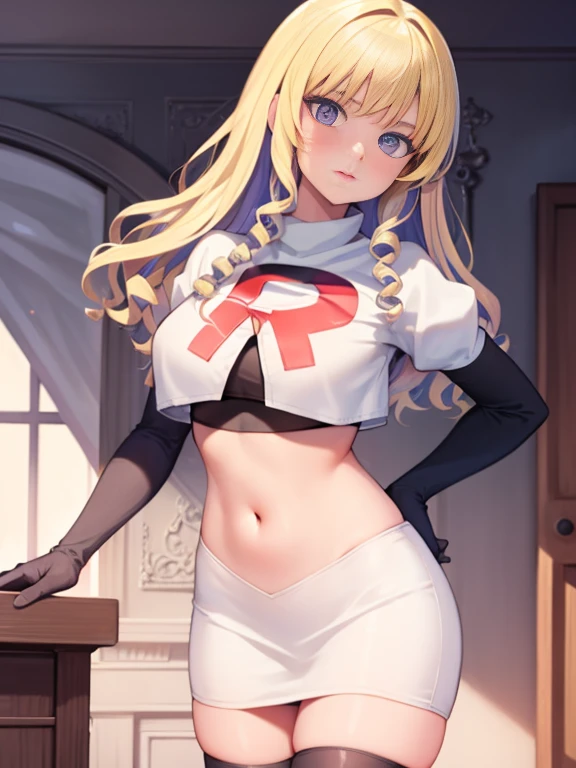 constance_academy, purple eyes glossy lips ,team rocket uniform, red letter R, white skirt,white crop top,black thigh-high boots, black elbow gloves, looking at viewer, cowboy shot