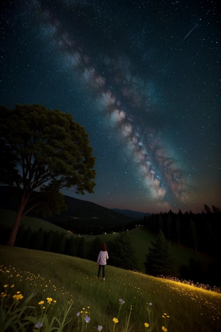 a girl on top of a hill, starry sky, view from below, flowering grass and trees,
