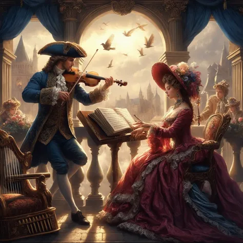 arafed image of a man and woman playing music in a castle, fantasy victorian art, baroque digital painting, romantic era paintin...