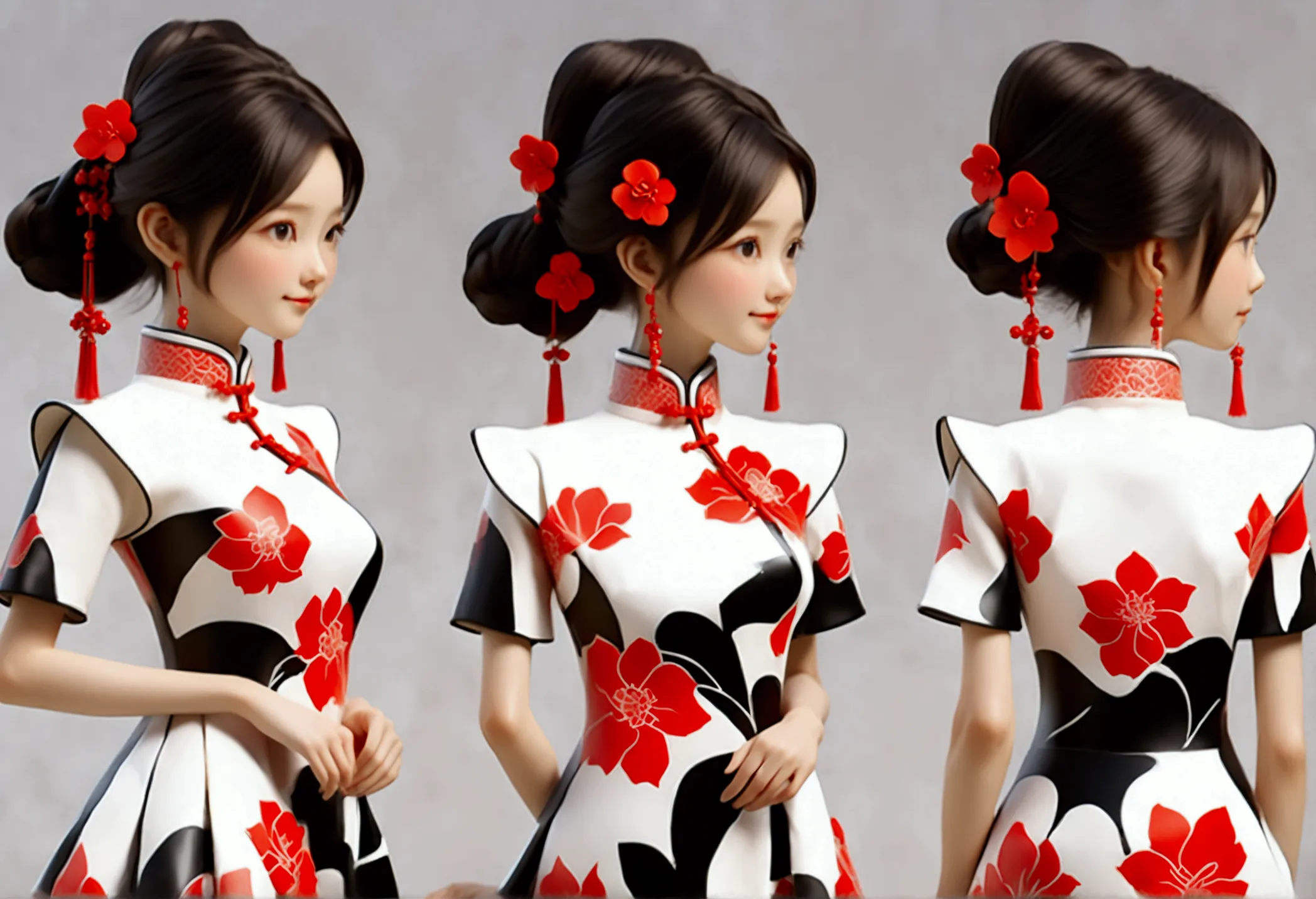 (((showing the front view of the same 3d character ip figurine design、side view、rear view:1.5)))，young fashionable girl，wearing ...