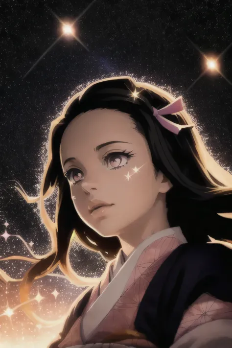 nezuko kamado from demon slayer. 1girl, iridescence, dramatic angle, space, (floating colorful sparkles:1.3), dramatic lighting,...