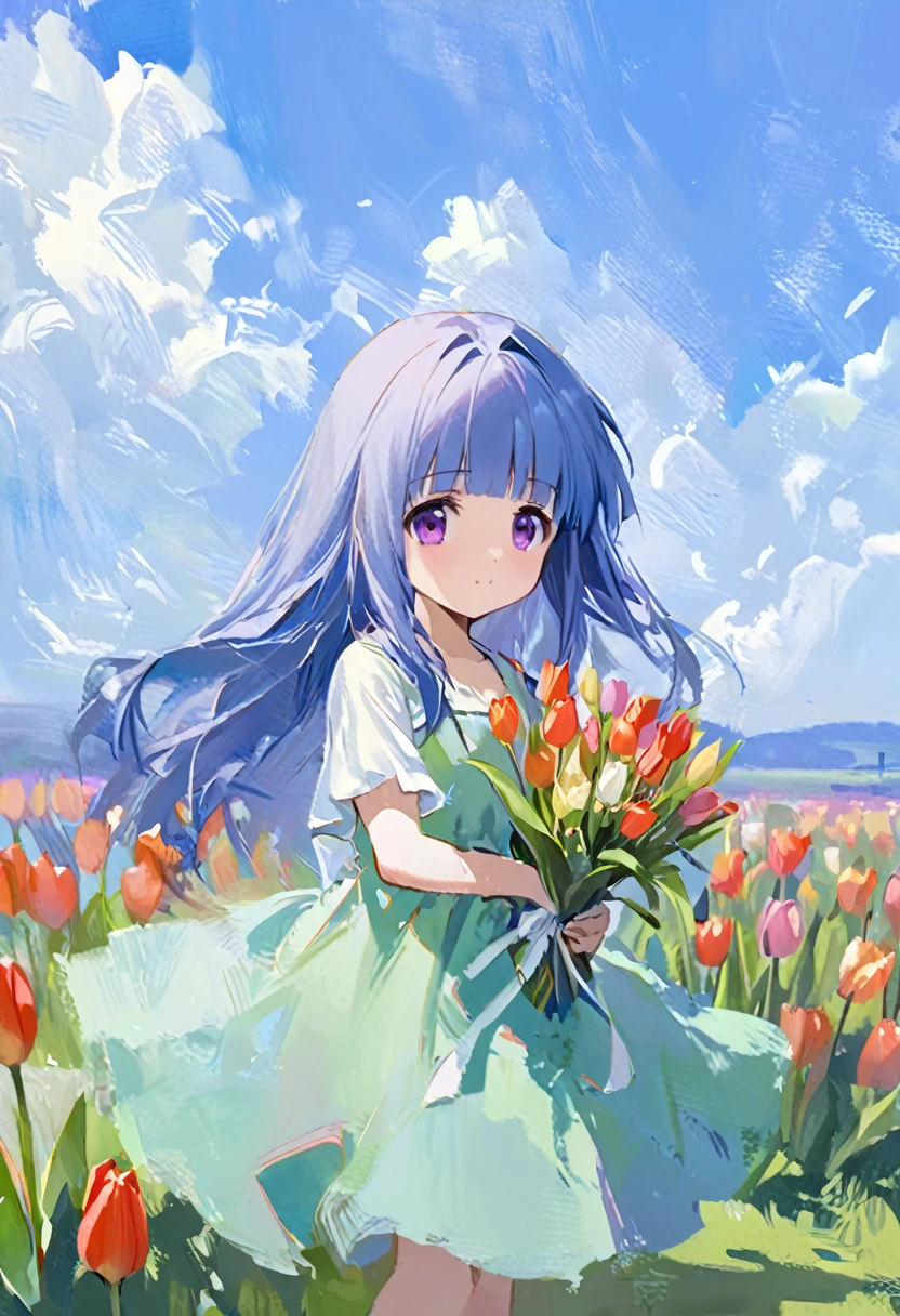 oil painting, (Rika Furude), bouquet, (Tulips), background, blue sky, White cloud, Green grassland, girl, alone, Blue Hair, Purple eyes, Long Hair, blunt bangs, bangs, 11 years old, green dress,