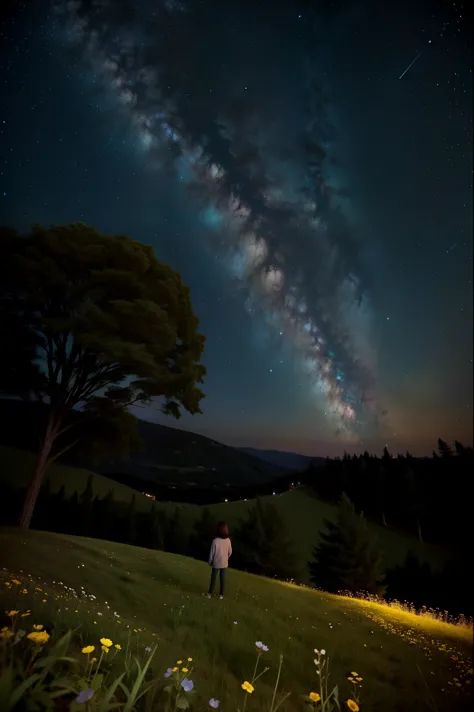 a girl on top of a hill, starry sky, view from below, flowering grass and trees,