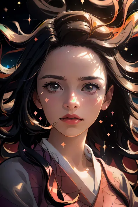 a beautiful detailed portrait of nezuko kamado, a young girl from the anime series demon slayer, floating in a dramatic cosmic s...