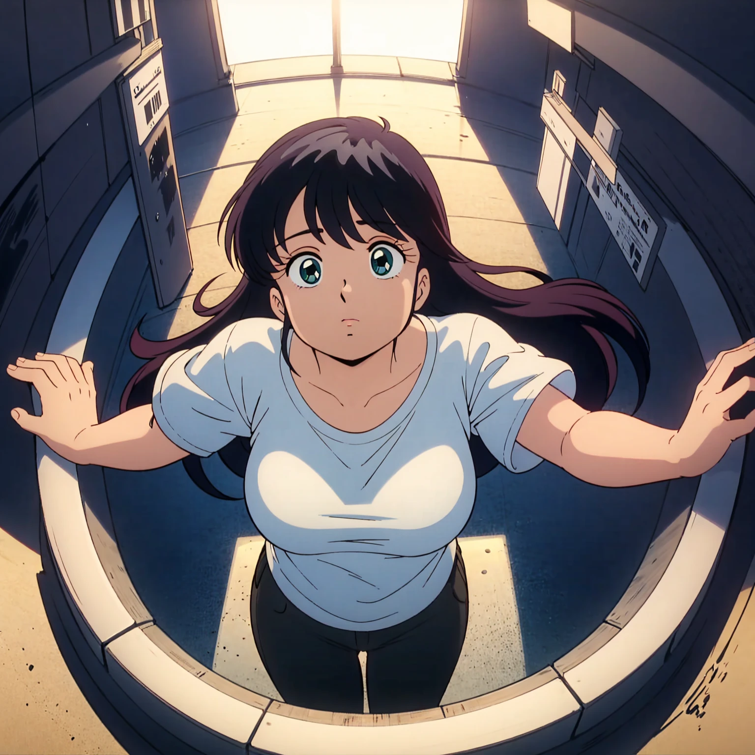 A long hair woman in a white T-shirt looks up at an angle, shielding herself from the dazzling sunlight with her hands. The composition is one looking down on her from above, こちらを見る,