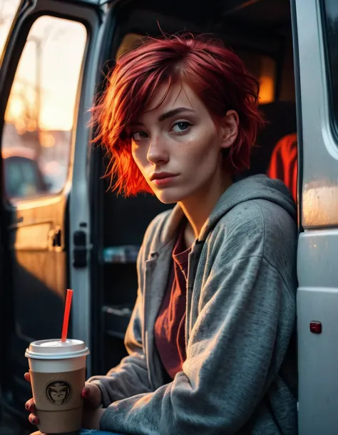 cinematic photorealistic picture of a beautiful homeless girl with a short red hairstyle, sitting in the opening door of a van a...