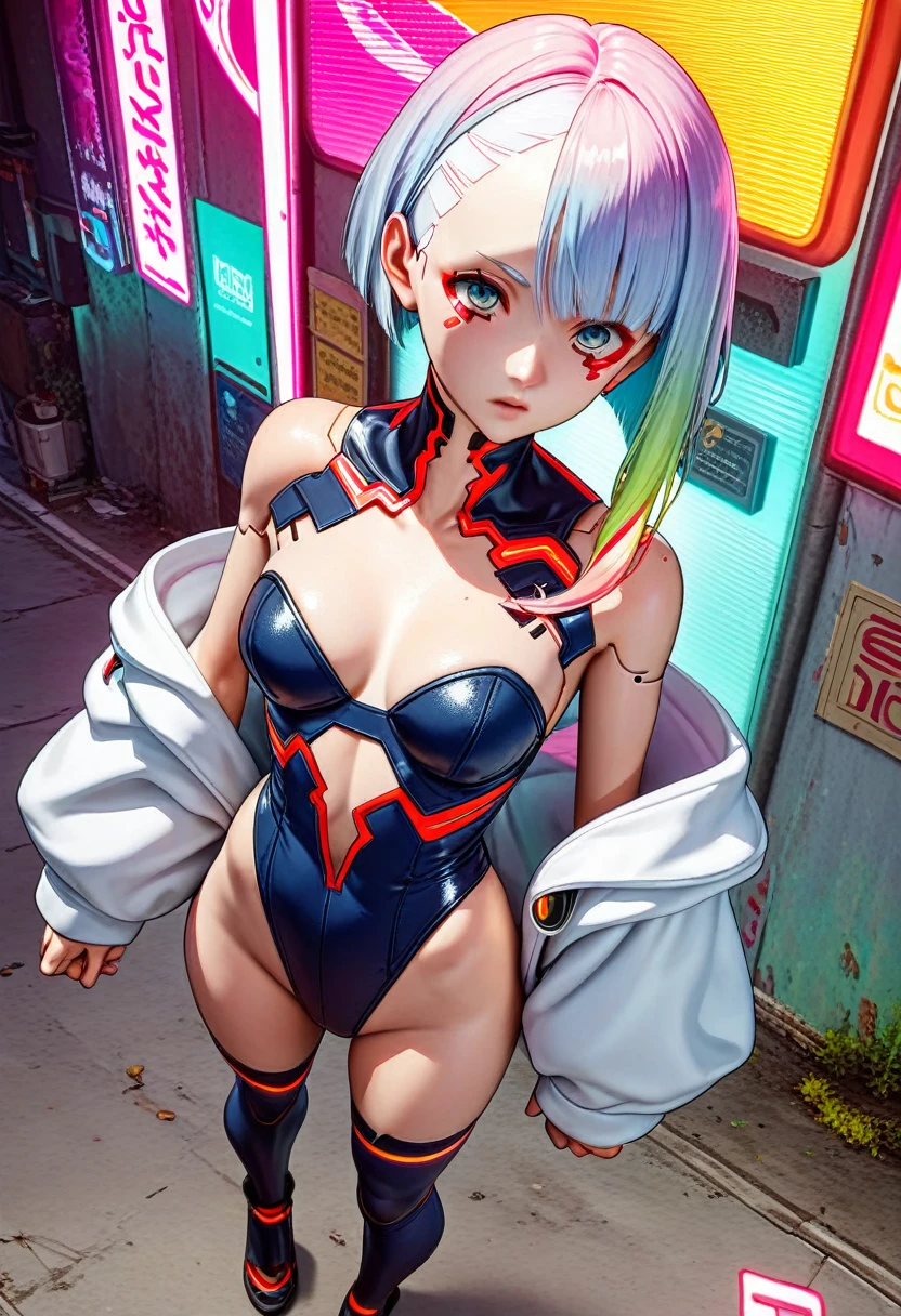 score_9, score_8_up, score_7_up, score_6_up, score_5_up, score_4_up, source_anime, 
detailed bjd, detailed face, detailed eyes, detailed hair, smooth hair, clean hair,
photo of dollp, 1girl, lucy_\(cyberpunk\) from cyberpunk_\(series\), short_hair, white_hair, blue_eyes, white sleeves, , bare shoulders, 
standing on busy neon street, cyberpunk edgerunners, official art, from above, 
