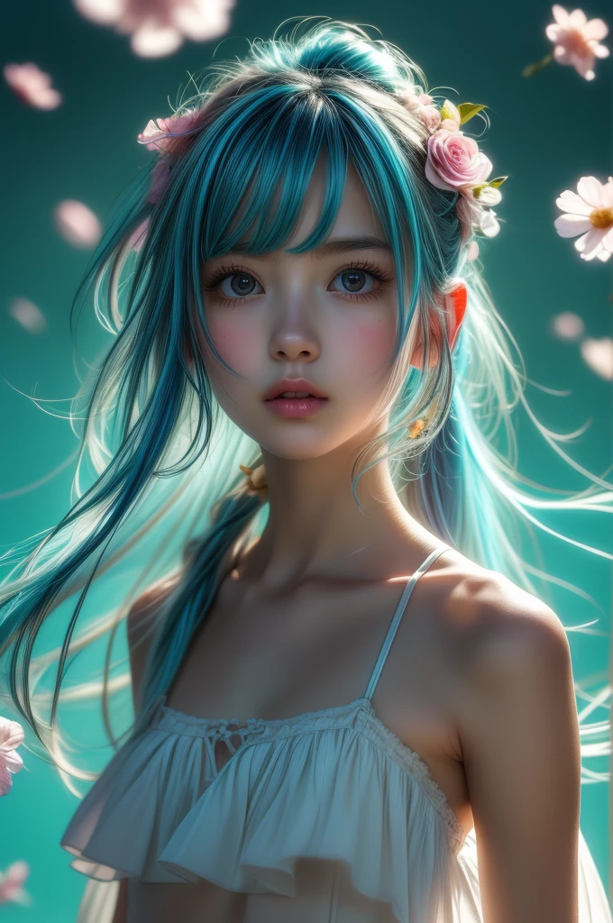 (masterpiece), (best quality), (ultra detailed), (disheveled hair), (illustration), (1girl), (Fashionable clothing), standing, Fashion model, looking at viewer, (interview), (simple background), beautiful detailed eyes, delicate beautiful face, Floating, (high saturation), (colorful splashes), colorful bubble, (shining), whole body, ponytail, kamisato ayaka, light blue hair, bangs, hair ring, floating flowers, floating hairs, (shining), best lighting, best shadow, 