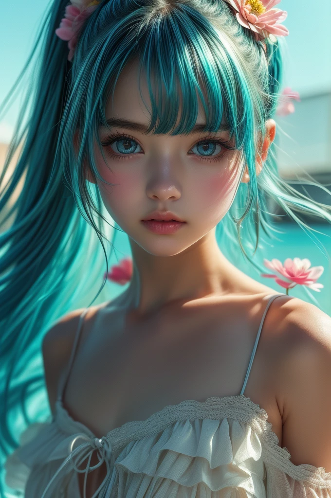 (masterpiece), (best quality), (ultra detailed), (disheveled hair), (illustration), (1girl), (Fashionable clothing), standing, Fashion model, looking at viewer, (interview), (simple background), beautiful detailed eyes, delicate beautiful face, Floating, (high saturation), (colorful splashes), colorful bubble, (shining), whole body, ponytail, kamisato ayaka, light blue hair, bangs, hair ring, floating flowers, floating hairs, (shining), best lighting, best shadow, 