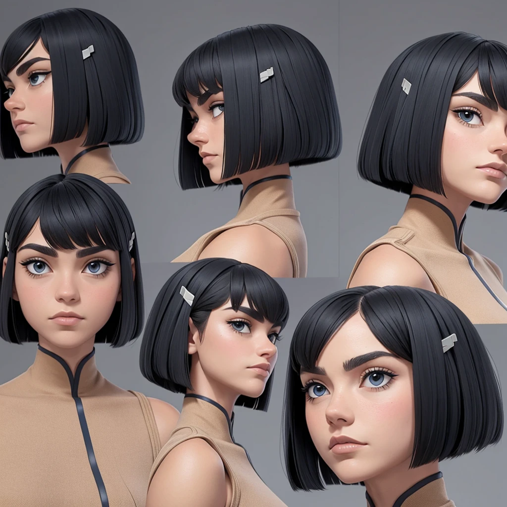 1 girl, short hair, bob cut, face focus, multiple views, character reference sheet, side view, looking to the side, bare forehead, simple background,