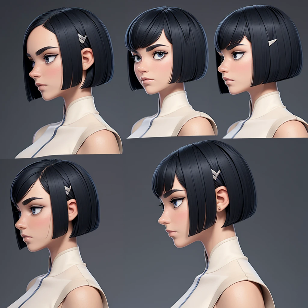 1 girl, short hair, bob cut, face focus, multiple views, character reference sheet, side view, looking to the side, bare forehead, simple background,