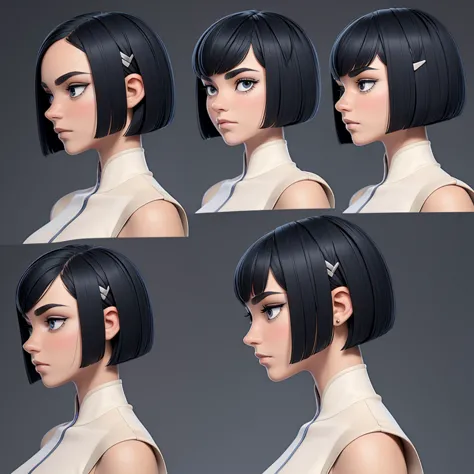 1 girl, short hair, bob cut, face focus, multiple views, character reference sheet, side view, looking to the side, bare forehea...