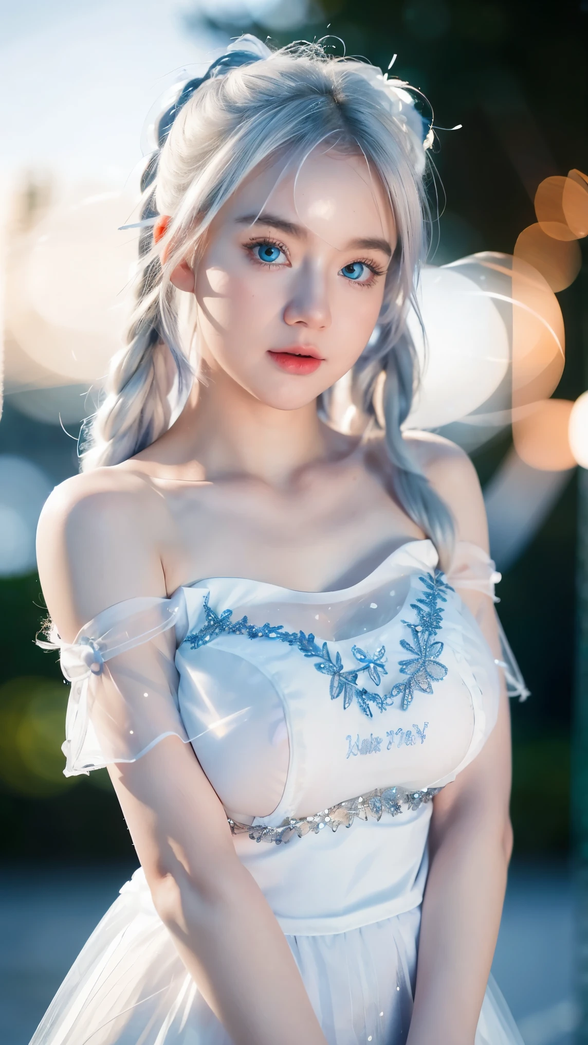 Georgeous, Beautiful, Cute, Baby Face, 18 Years Old, White Skin, Cleavage, ((Large Colossal Breast:1.3)), Sleeveless, Off Shoulder, Strapless, ((Transparent:1.3)), ((White Long Lolita Dress)), (Embroidery), Posing, ((Silver Hair)), ((Bright Blue Eye)), ((Muscles:1.3)), ((Bokeh:1.3)), Animal Farmer Background, Masterpiece, Twintails