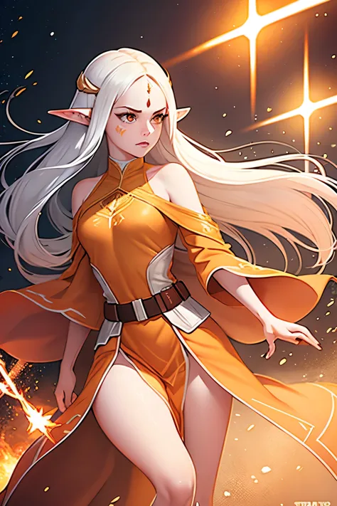 star wars clone wars, young woman, elven woman, pointed ears, pale orange skin, peach skin, red face tattoos, knee-length hair, ...