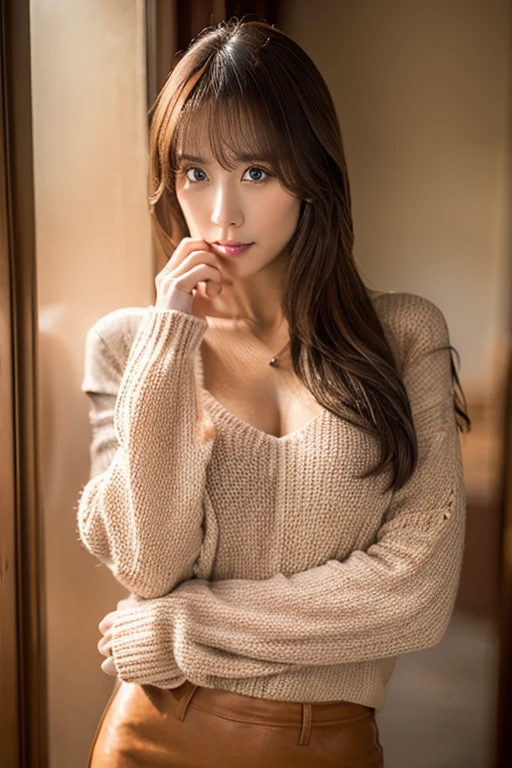 Masterpiece, top-quality, high resolution, Photorealsitic, sharp, Raw photography, 8K wallpaper, flawless, Professional lighting, highly detailed, depth of fields, Pale solid color background, ((one beautiful women, Skinny Japanese mature)), (40 years old), Sexy, Detailed face, beautidful eyes, bangs, small breasts, very thin waist, Light Brown Straight Hair, Faint lips, ((standing at front, Staring at the viewer, serious face eyes.)), Sweaters, skirt, (full-body photo), cowboy shot