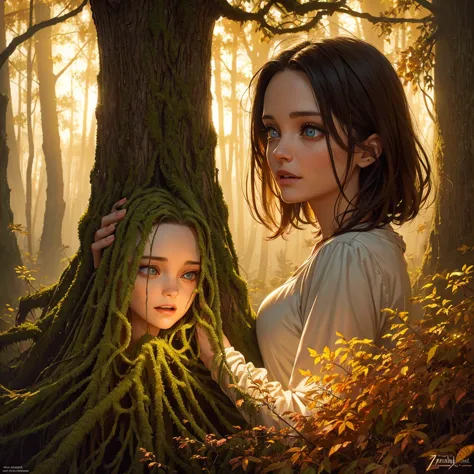 golden hour, paranormal activities, surreal illustrations of forrest with trees made of human hands, beautiful young woman with ...