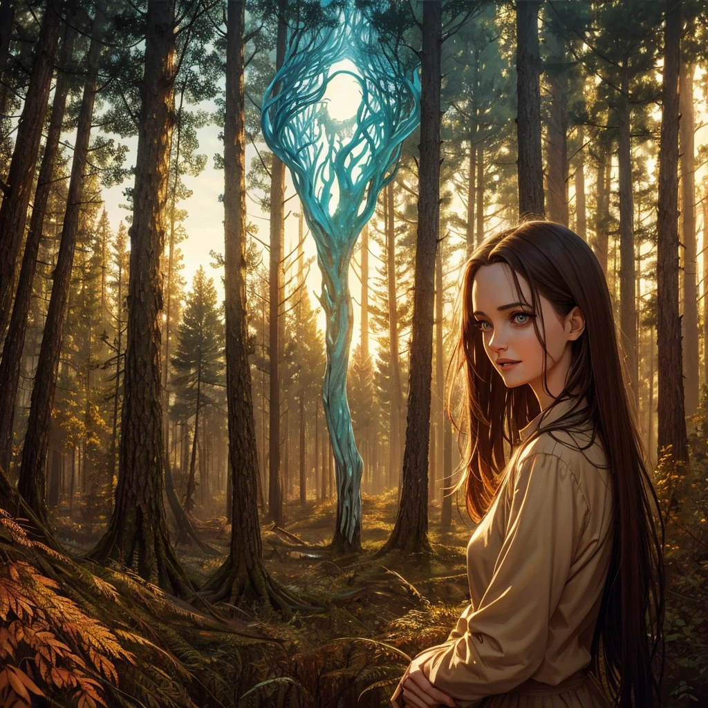 golden hour, paranormal activities, surreal illustrations of forrest with trees made of human hands, beautiful young woman with face of Winona Ryder morphed with Angelina Jolie laughing, color pencil art in style of zdzisław beksiński