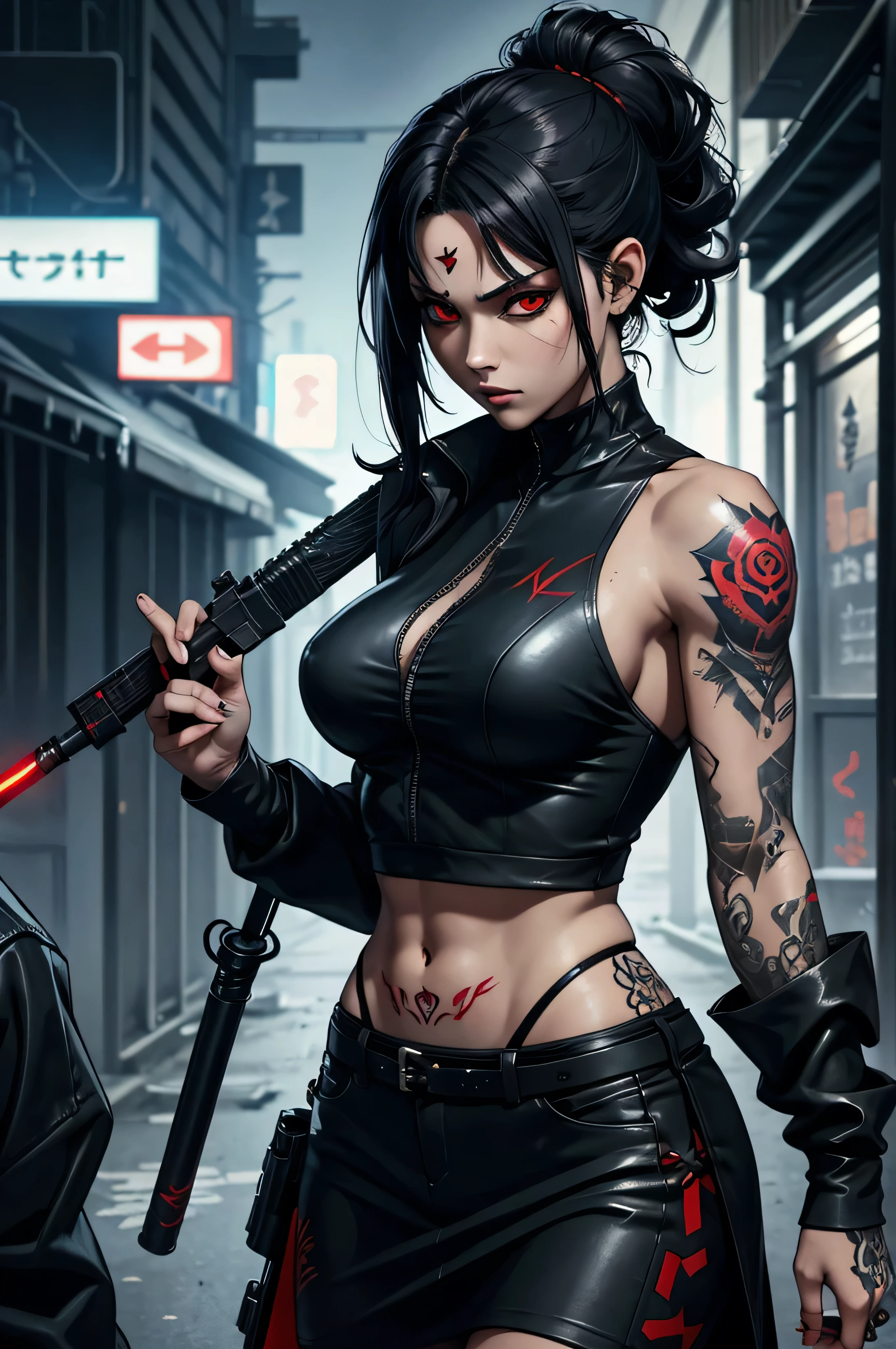 Artwork, une fille, gangster, Yakuza, tatouage sur tout le corps, dressed in black, regard agressif, Red eyes, black hair tied, two sabers in the back, cyberpunk dark fantasy