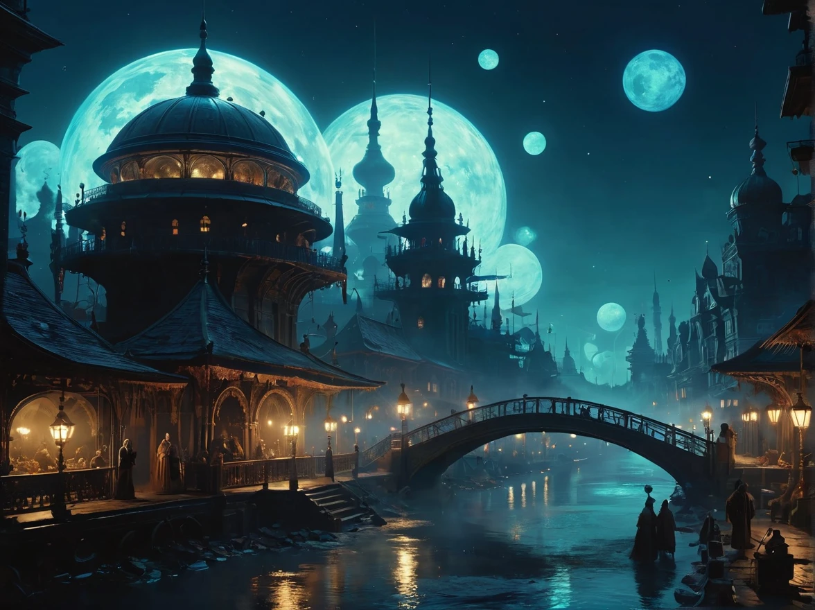 a Clockwork djinn with ornate,mystical lamps at a Gaslit bridge spanning over tranquil river,city of yharnam,bloodborne,ultra-fine digital painting,cin3 , victorianstyle,concept art by syd mead by James Gilleard,Emphasize eerie atmosphere,high contrast,and interplay of shadow and light. Include colorful,retro futuristic,bird's eye view,Extreme Long Shot,establishing shot,(atmospheric perspective:1.1),, Alien bazaar,exotic creatures bartering under iridescent domes,cosmic spices wafting in the air.,cinematic movie by William Wyler,Greig Fraser, vibrant colors