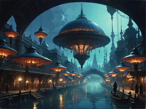 a clockwork djinn with ornate,mystical lamps at a gaslit bridge spanning over tranquil river,city of yharnam,bloodborne,ultra-fi...