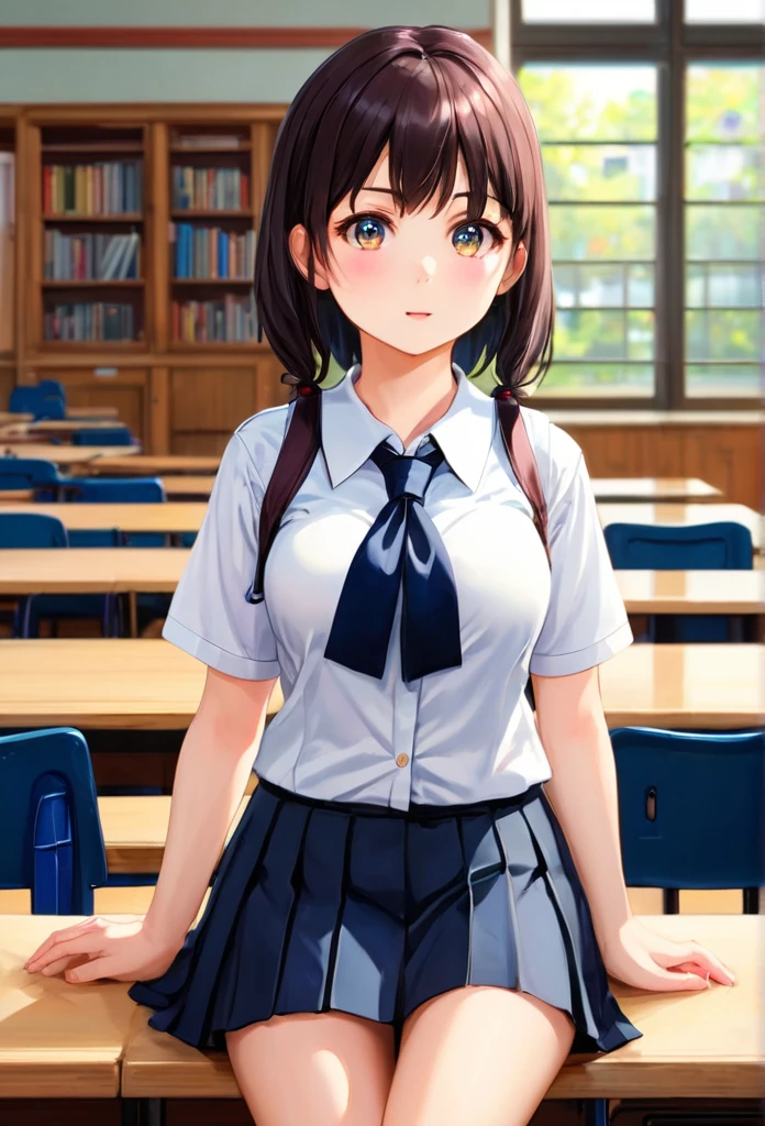 photo Realistic, mature girl, High detail, high quality, masterpiece, (gigantic breasts)), at school, ultra short school uniform, one girl