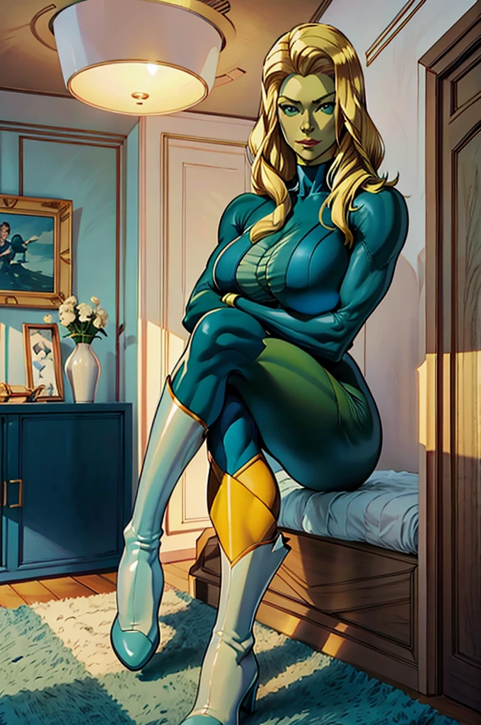 Marvel Comics' She-Hulk tall with green skin, long dark green hair, green eyes, wearing a blue bodysuit with a white collar, white boots is hugging and kissing Sue Storm from Marvel Comics' Fantastic Four, blonde with long yellow hair and blue eyes wearing a blue bodysuit with the number 4 drawn on it, white gloves and long white boots above the knees. In a bedroom in an apartment in New York City.