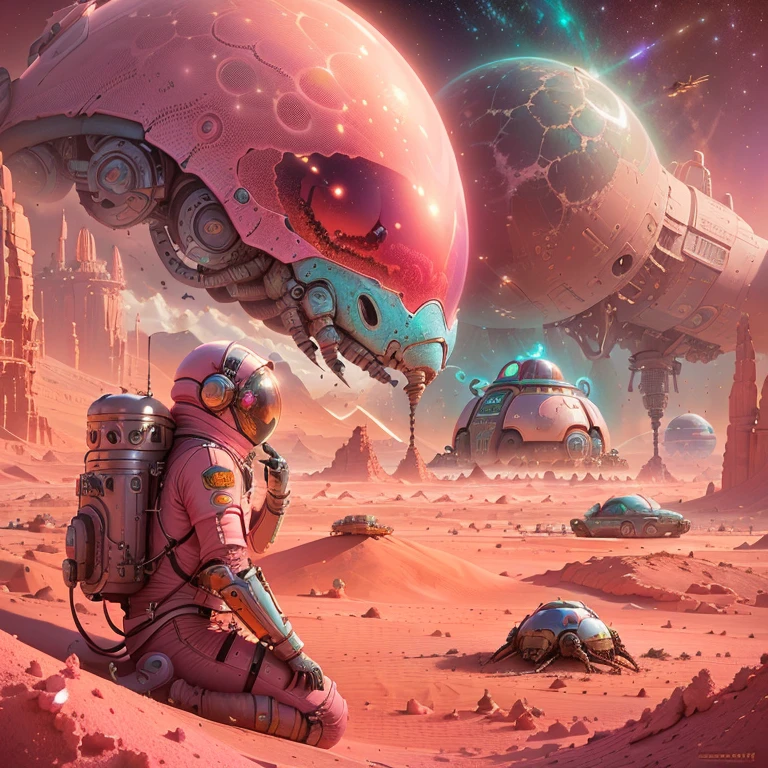 astronaut in a pink desert with a giant alien head, greg beetle, beetle artwork, Beeple and Jeremiah Ketner, Beeple y Tim Hildebrandt, beetle art, Beeple art diary, science fiction illustrations, Beeple masterpiece, science fiction illustrations, Estilo 8 0 tomasz alen kopera