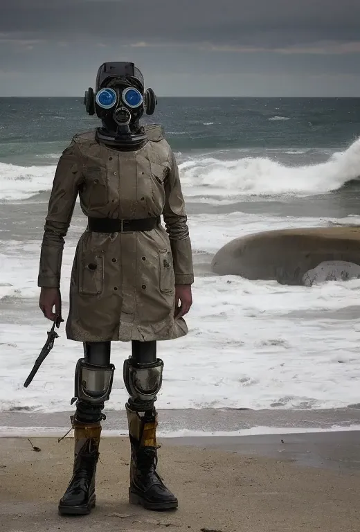 a male robot stands against the background of the seashore, sea waves, surf. he is wearing an old raincoat with a belt, a gas ma...