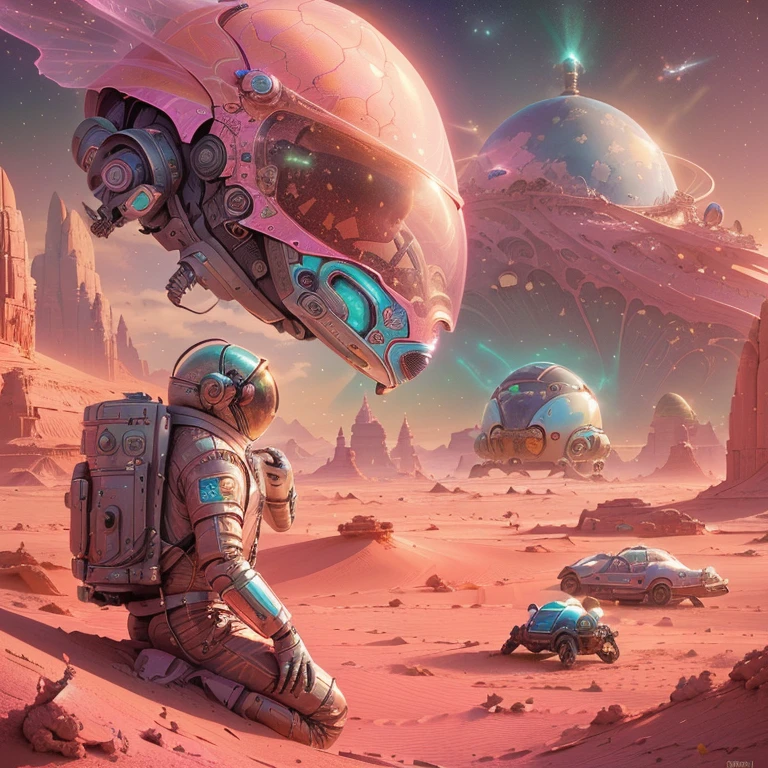 astronaut in a pink desert with a giant alien head, greg beetle, beetle artwork, Beeple and Jeremiah Ketner, Beeple y Tim Hildebrandt, beetle art, Beeple art diary, science fiction illustrations, Beeple masterpiece, science fiction illustrations, Estilo 8 0 tomasz alen kopera