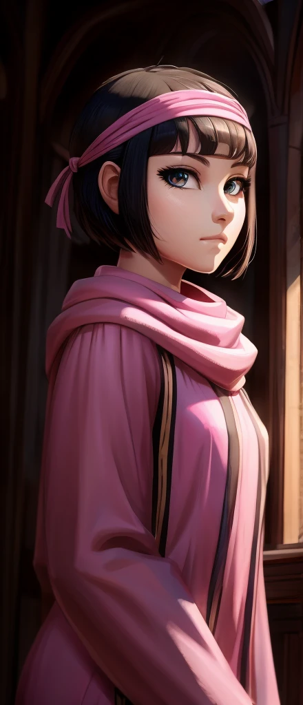 masterpiece), best quality, high resolution 1girl bob cut medium hair standing alone cowl headband profile image looking at viewer beautiful eyes beautiful face extremely detailed pink clothing girly