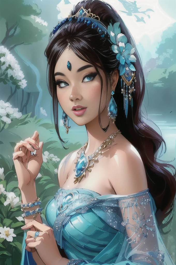 a woman in a blue dress is posing for a picture, beautiful fantasy maiden, beautiful maiden, fantasy beautiful, beautiful fantasy art portrait, beautiful oriental woman, beautiful avatar pictures, beautiful gorgeous digital art, beautiful fantasy art, beautiful digital art, beautiful digital artwork, fantasy woman, beautiful goddess, a beautiful fantasy empress, very beautiful fantasy art, ((a beautiful fantasy empress))