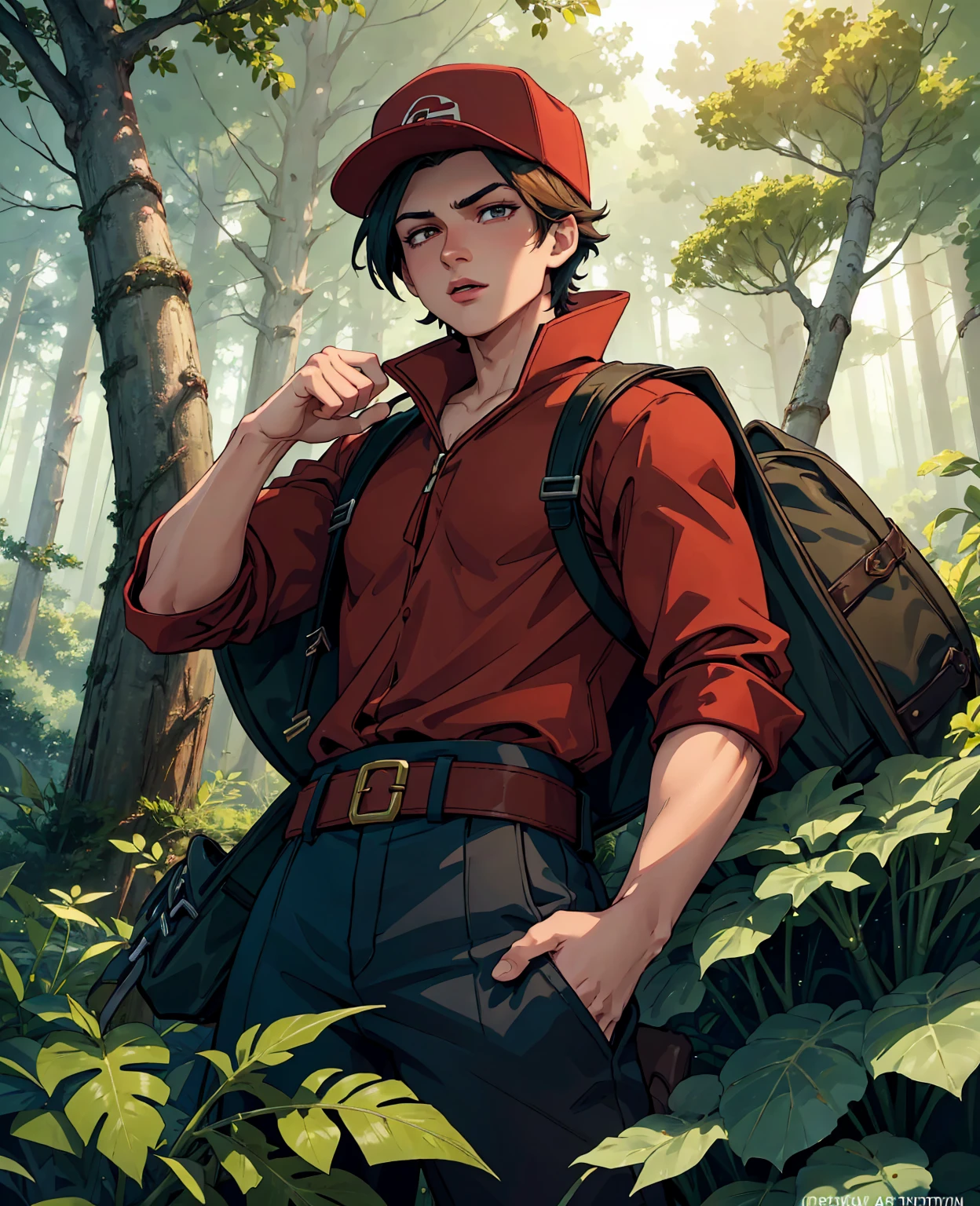 a young man with brown hair,beautiful detailed eyes,beautiful detailed lips,extremely detailed eyes and face,longeyelashes,wearing a red hat with a lightning bolt,red and black outfit,ash ketchum pokemon trainer,standing in a lush green forest with trees and bushes,cinematic lighting,vibrant colors,8k,highly detailed,photorealistic,masterpiece