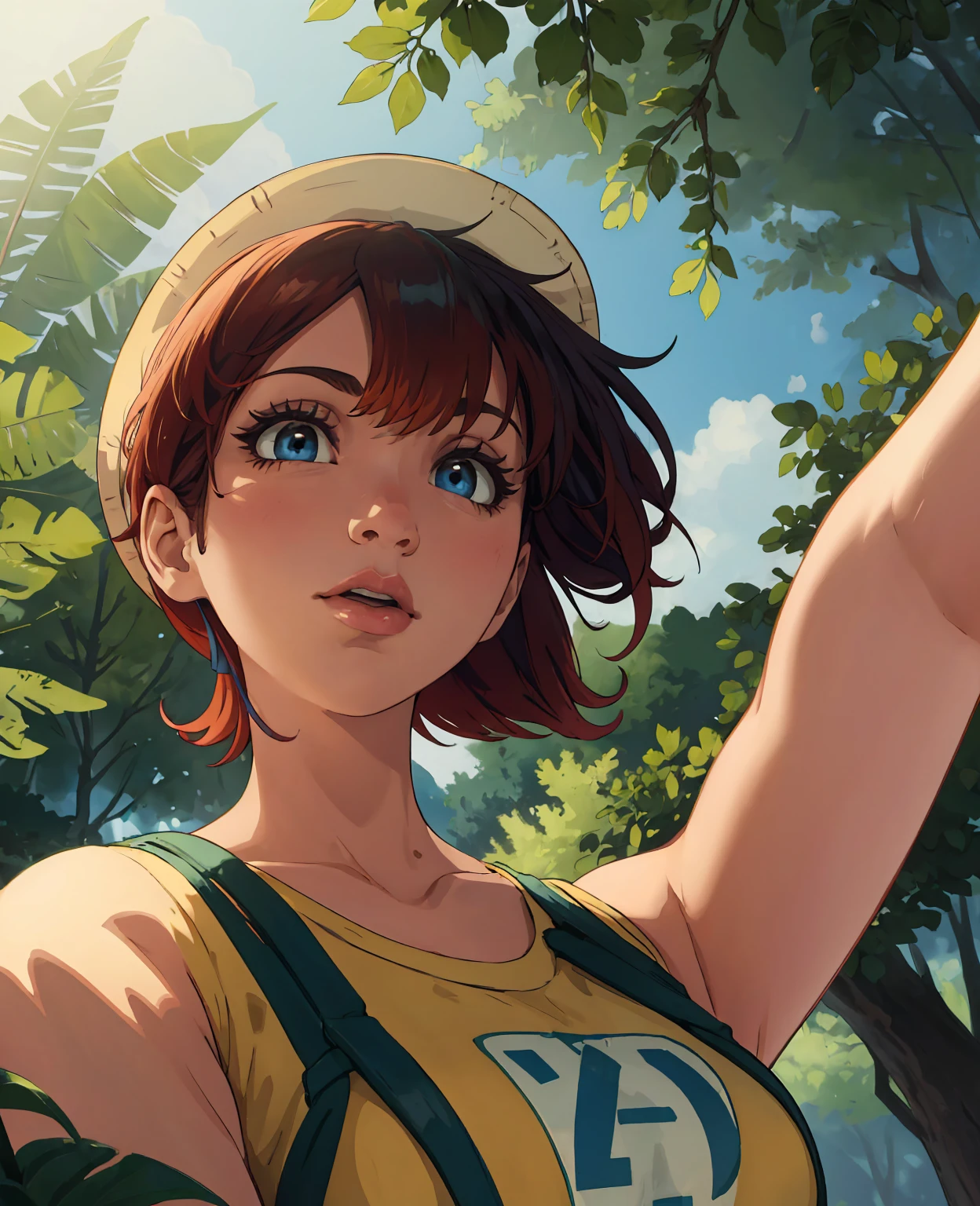 a beautiful young girl, 1girl, Emily Rudd, detailed face, beautiful detailed eyes, beautiful detailed lips, extremely detailed facial features, long eyelashes, messy blue hair, red hat, pokemon trainer outfit, Misty from Pokemon, outdoor forest scene, sunlight filtering through trees, lush greenery, detailed foliage, intricate details, vibrant colors, highly detailed, photorealistic, 8k, highres, masterpiece, ultra-detailed, realistic, photo-realistic, physically-based rendering, vivid colors, studio lighting