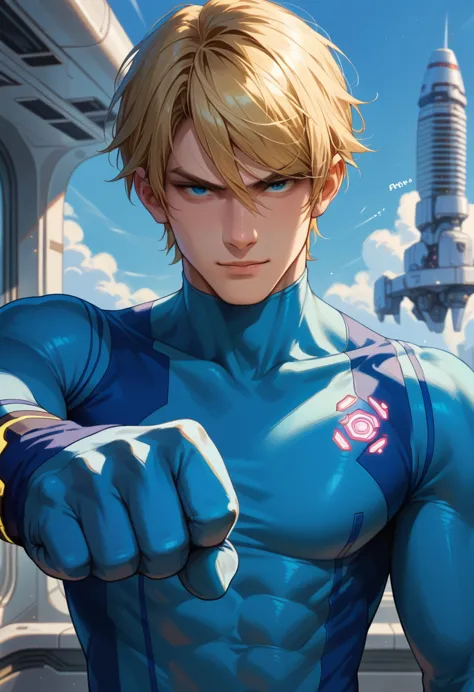 score_9, score_8_up, score_7_up, 1boy, solo, (male:1.5), male focus, male body, defsamus, blonde hair, short hair, bodysuit, blu...