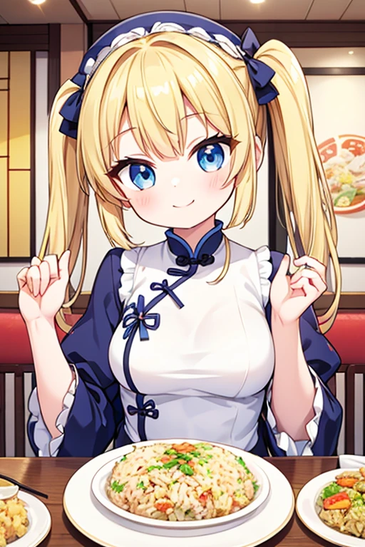 A happy smile,Large serving of fried rice,fried rice,Chinese restaurant,Highest quality,Blonde with blue eyes、Lolita、Small breasts、Twin tails、girl&#39;enjoy,smile,bonnet,chopsticks,Japanese hashi,