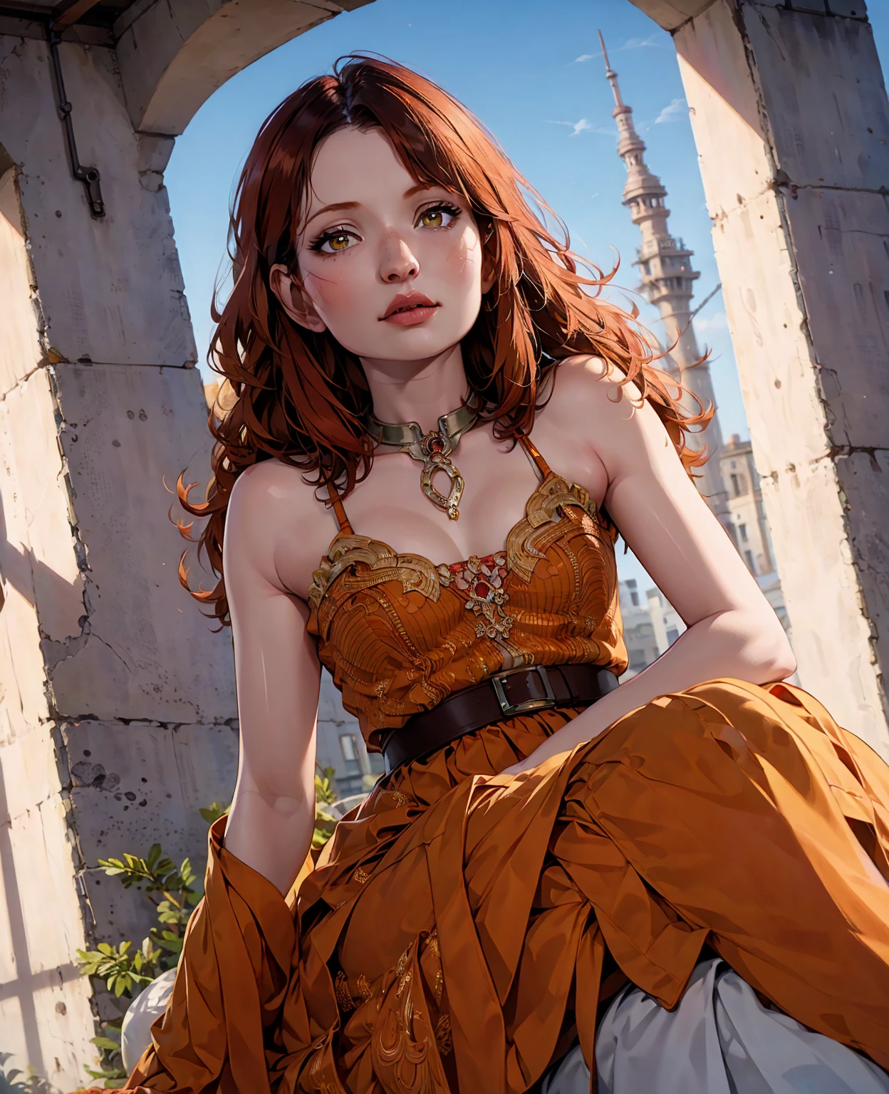 a beautiful girl with red hair, emerald green eyes, pale skin, detailed facial features, (best quality,4k,8k,highres,masterpiece:1.2),ultra-detailed,(realistic,photorealistic,photo-realistic:1.37),highly detailed portrait, dramatic lighting, oil painting, cinematic, moody, deep red and orange colors, vibrant, textured, redhead, fox-like, captivating gaze, elegant, fantasy, mystical, magical