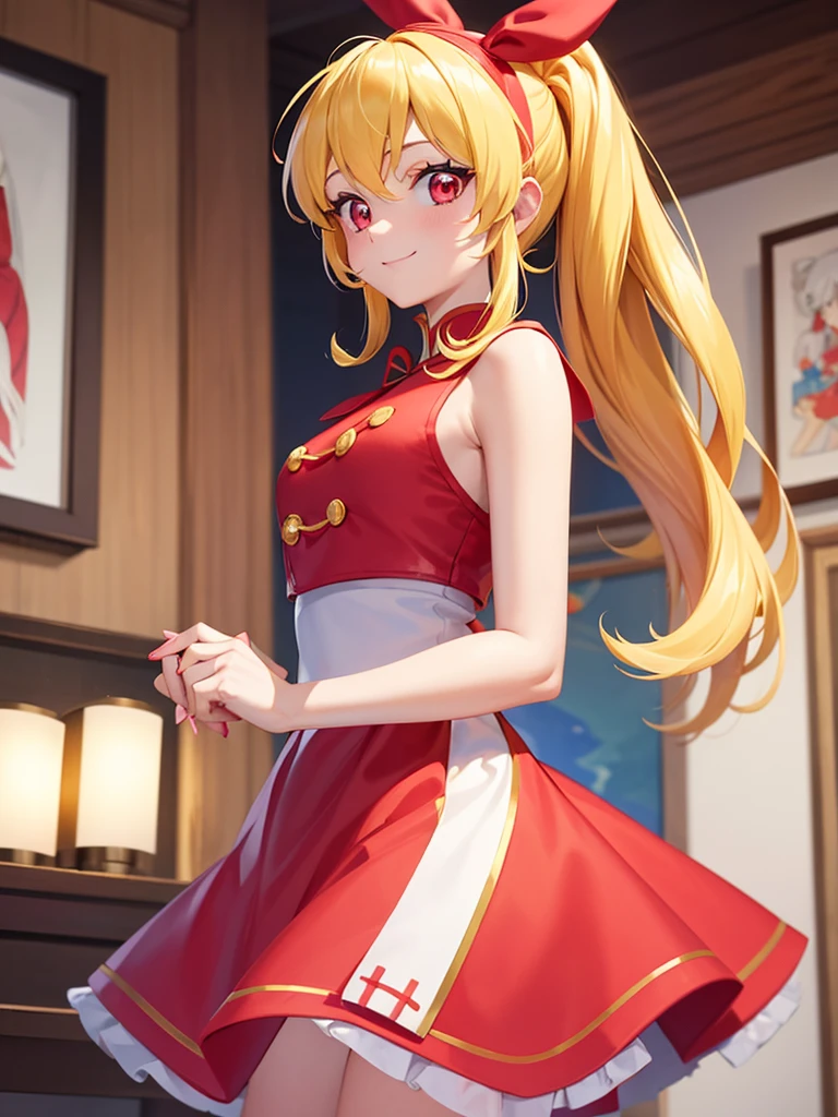 (RED Ribbon on HAIRband:1.2),an anime character wearing white shorts and white hair standing next to a painting, 1girl, double bun, solo, hair bun, chinese clothes, long hair, smile, Blonde hair, RED eyes, shampoo (ranma 1/2)Style, looking at viewer, dress,Shampoo Ranma,Ichigo Hoshimiya (Aikatsu!),china dress