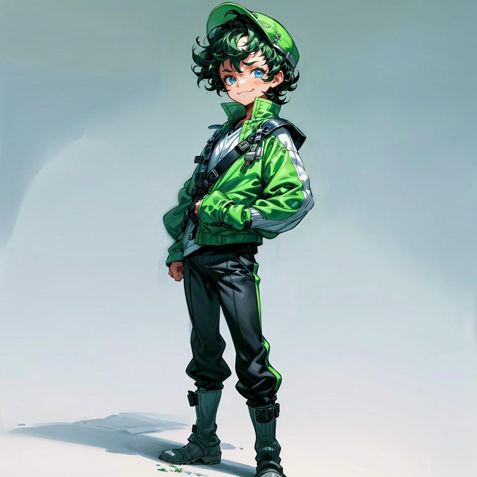 Solo character, full body version, kid boy, blue eyes, green half black color hair, short Curly haircut, casual outfit, black pants, boots, white background, standing gesture, sad eyes, smile mouth, baseball cap, detailed background, detailed clothing, detailed hair