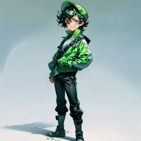 Solo character, full body version, kid boy, blue eyes, green half black color hair, short Curly haircut, casual outfit, black pa...