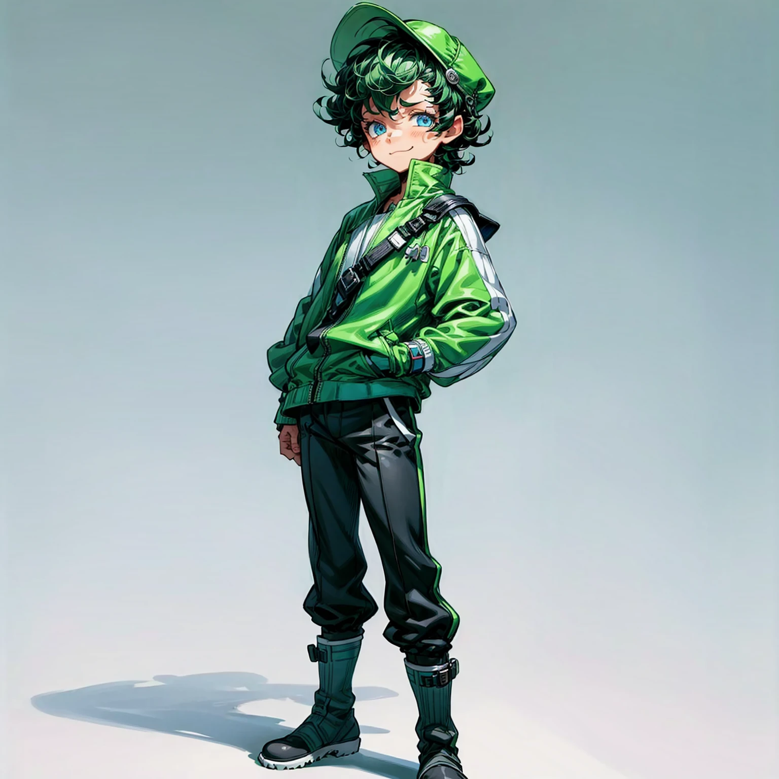 Solo character, full body version, kid boy, blue eyes, green half black color hair, short Curly haircut, casual outfit, black pants, boots, white background, standing gesture, sad eyes, smile mouth, baseball cap, detailed background, detailed clothing, detailed hair