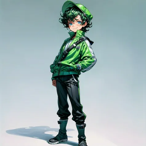 Solo character, full body version, kid boy, blue eyes, green half black color hair, short Curly haircut, casual outfit, black pa...